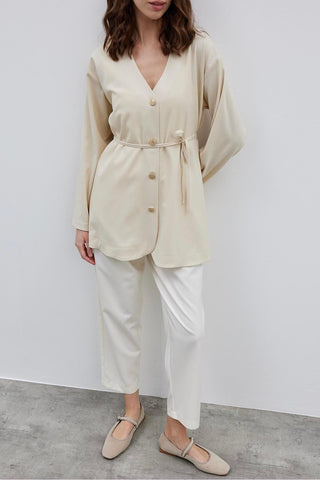 V Yaka Kadın Ceket Krem - Fahhar Design