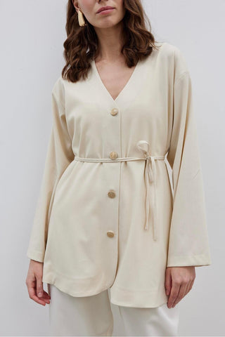 V Yaka Kadın Ceket Krem - Fahhar Design