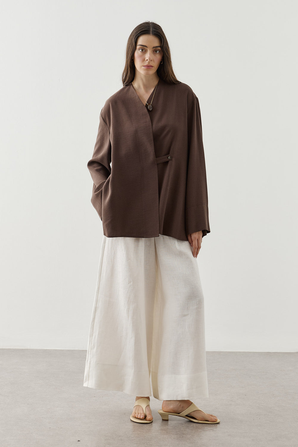 V Yaka Kimono Gömlek Kahverengi