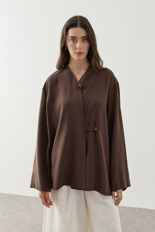 V Yaka Kimono Gömlek Kahverengi