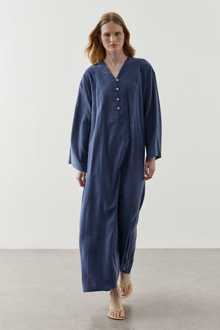 V Yaka Modal Elbise Mavi