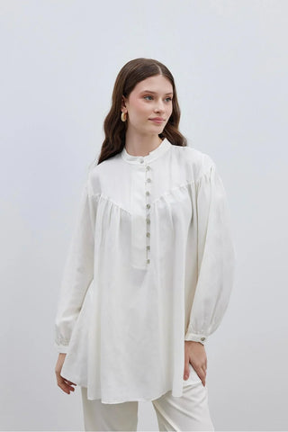 V Yakalı Kadın Gömlek Krem - Fahhar Design