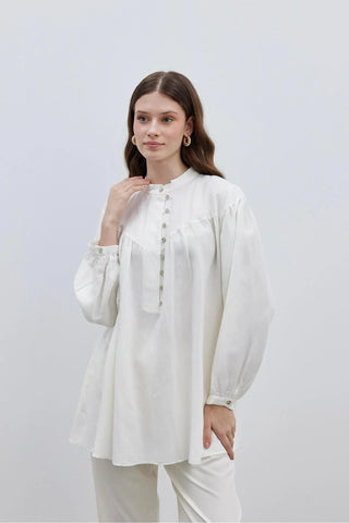 V Yakalı Kadın Gömlek Krem - Fahhar Design
