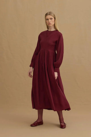 V Yakalı Pilili Tensel Elbise Bordo - Fahhar Design