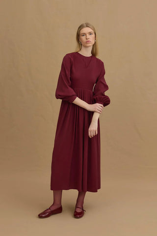 V Yakalı Pilili Tensel Elbise Bordo - Fahhar Design