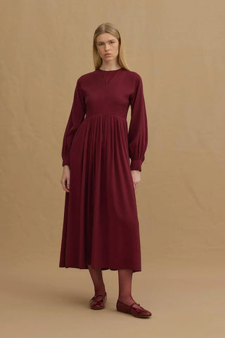 V Yakalı Pilili Tensel Elbise Bordo - Fahhar Design