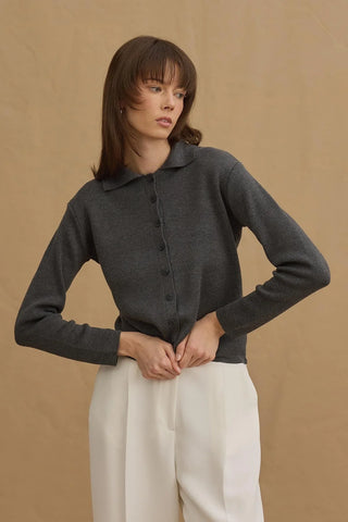 Viscone Buttoned Polo Neck Knitwear Sweater Anthracite