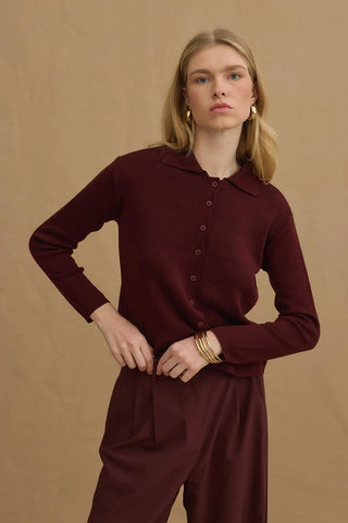 Viscone Buttoned Polo Neck Knitwear Sweater Burgundy