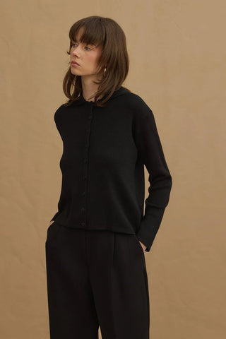 Viscone Buttoned Polo Neck Knit Sweater Black
