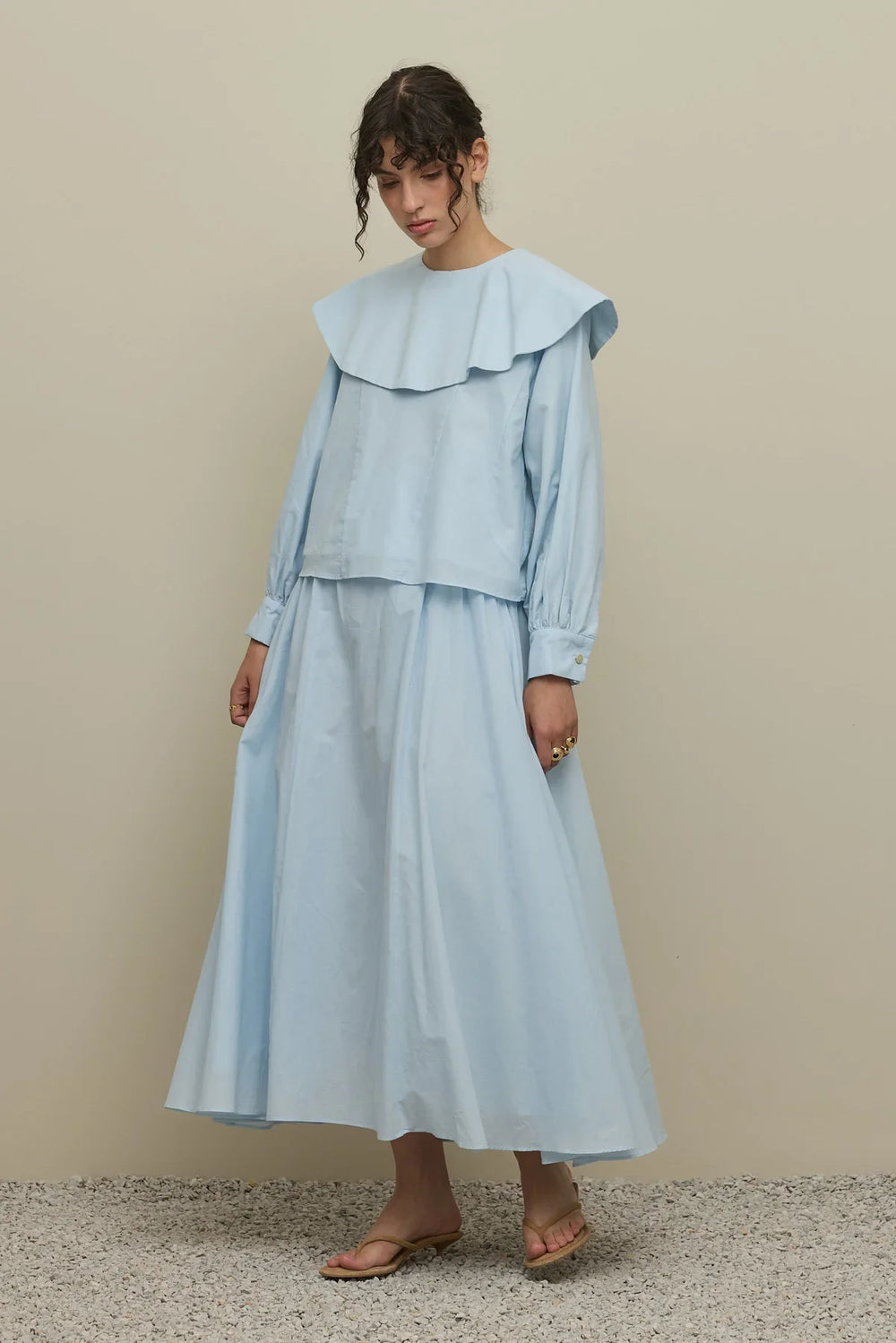 Flounce Collar Voile Skirt Suit Light Blue