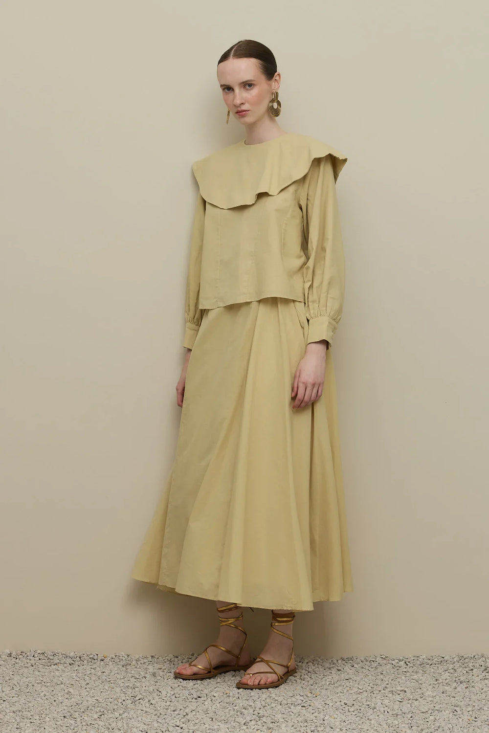 Flounce Collar Voile Skirt Set Light Yellow