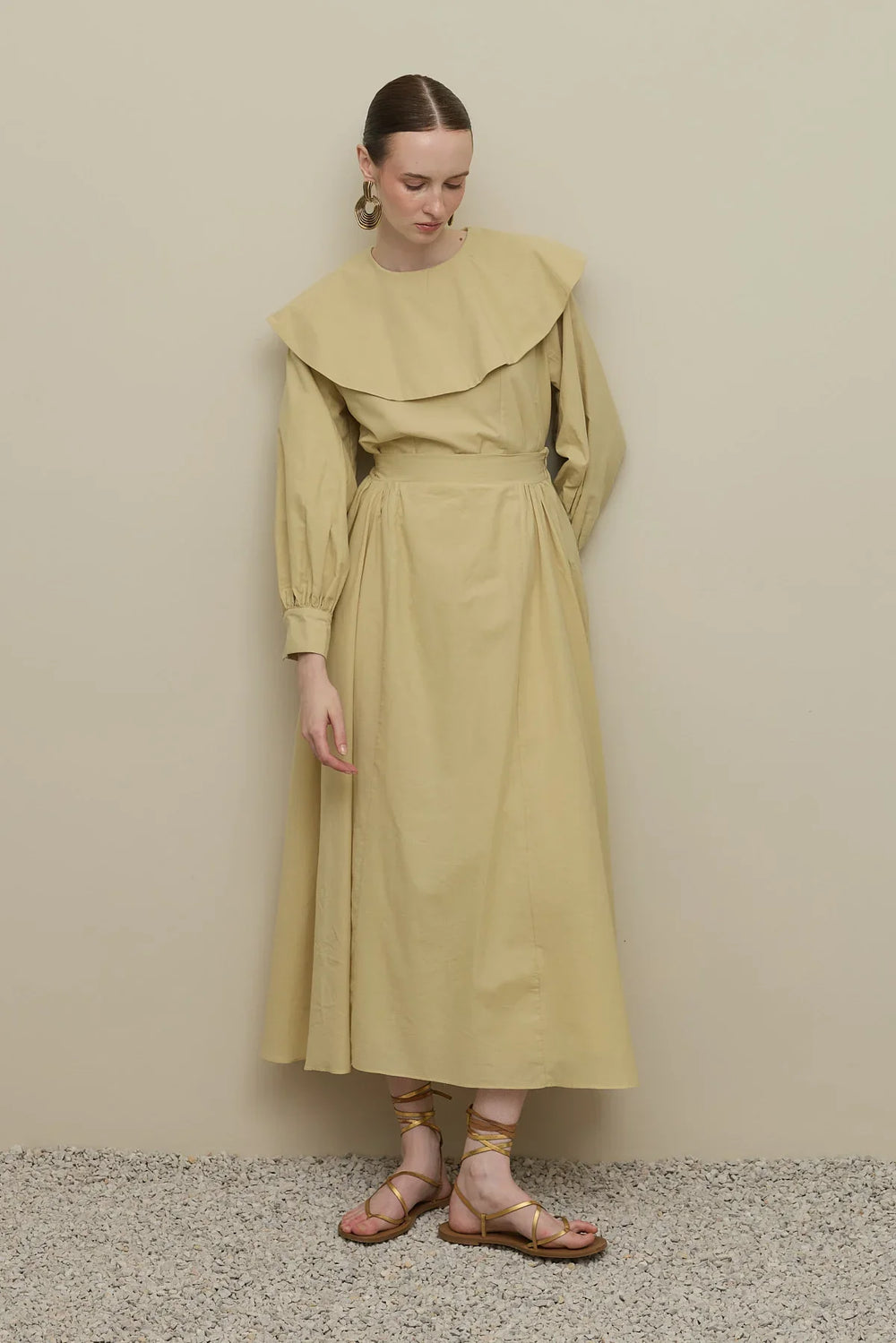 Flounce Collar Voile Skirt Set Light Yellow