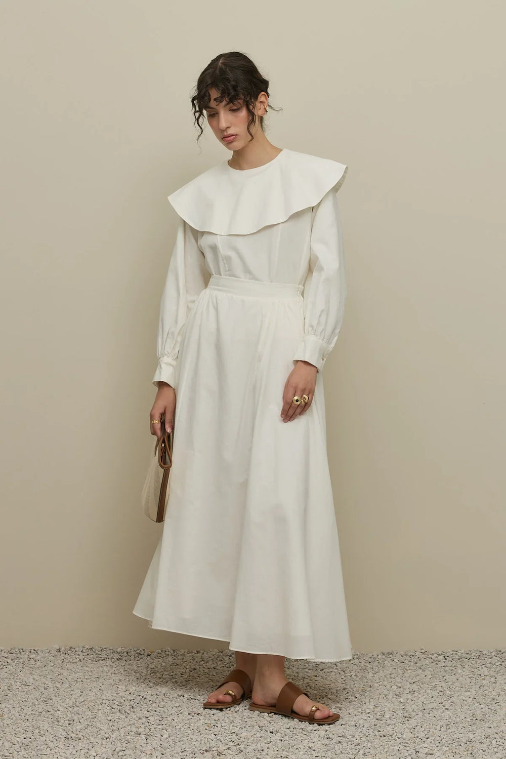 Flounce Collar Voile Skirt Set Ecru