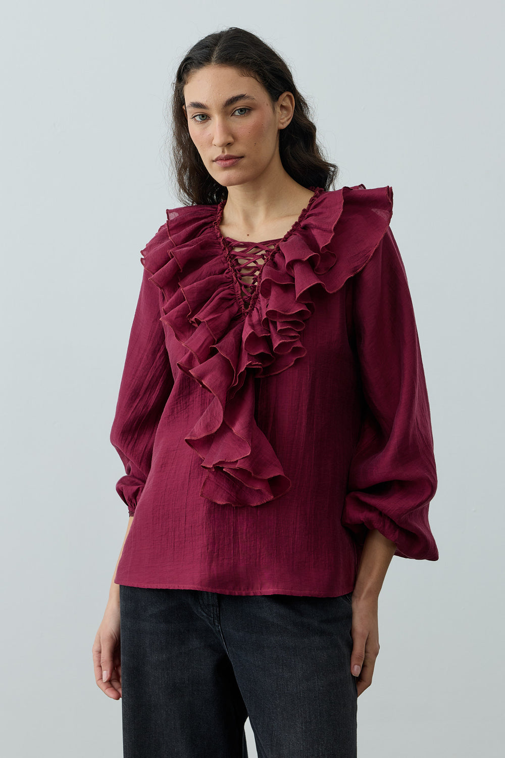 Volanlı Liyosel Bluz Bordo