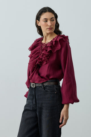 Volanlı Liyosel Bluz Bordo
