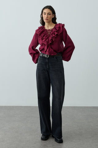 Volanlı Liyosel Bluz Bordo
