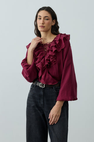 Volanlı Liyosel Bluz Bordo