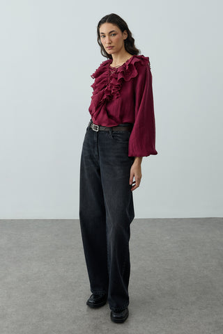 Volanlı Liyosel Bluz Bordo