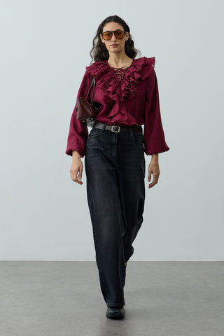 Volanlı Liyosel Bluz Bordo