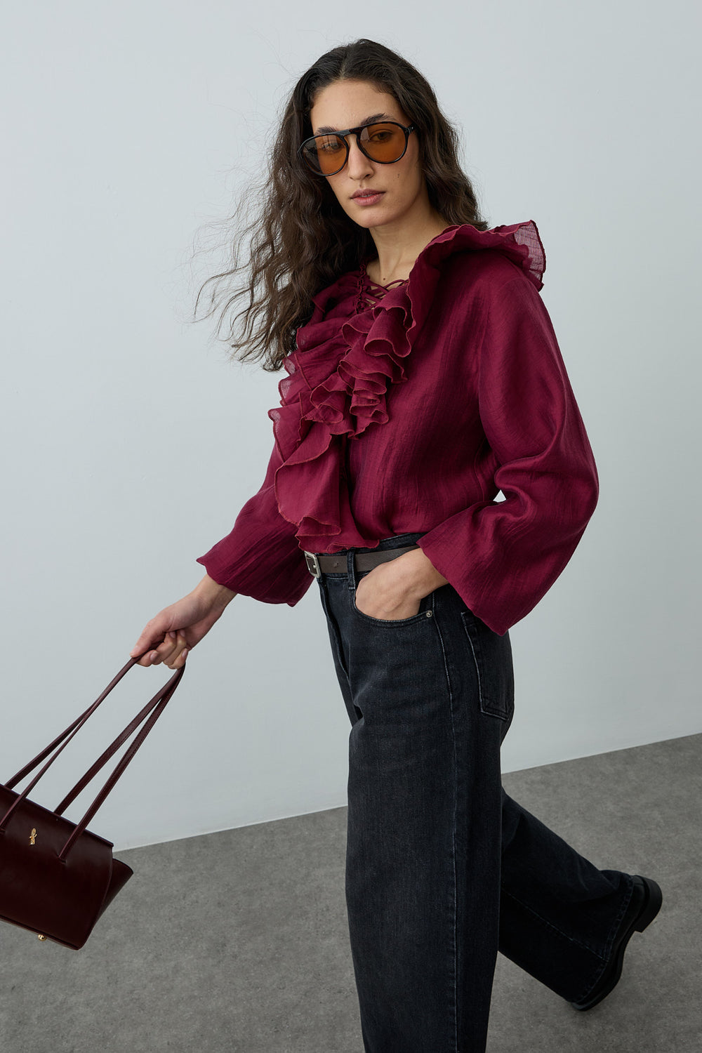 Volanlı Liyosel Bluz Bordo