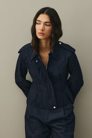 Body-fitting Denim Jacket Navy Blue