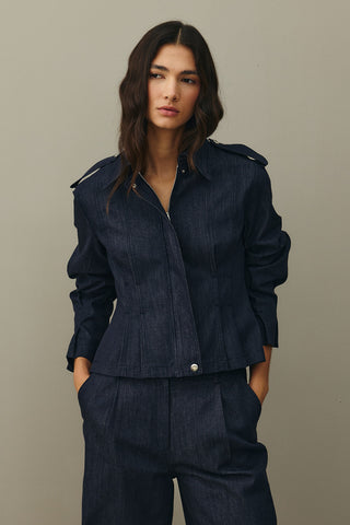 Body-fitting Denim Jacket Navy Blue