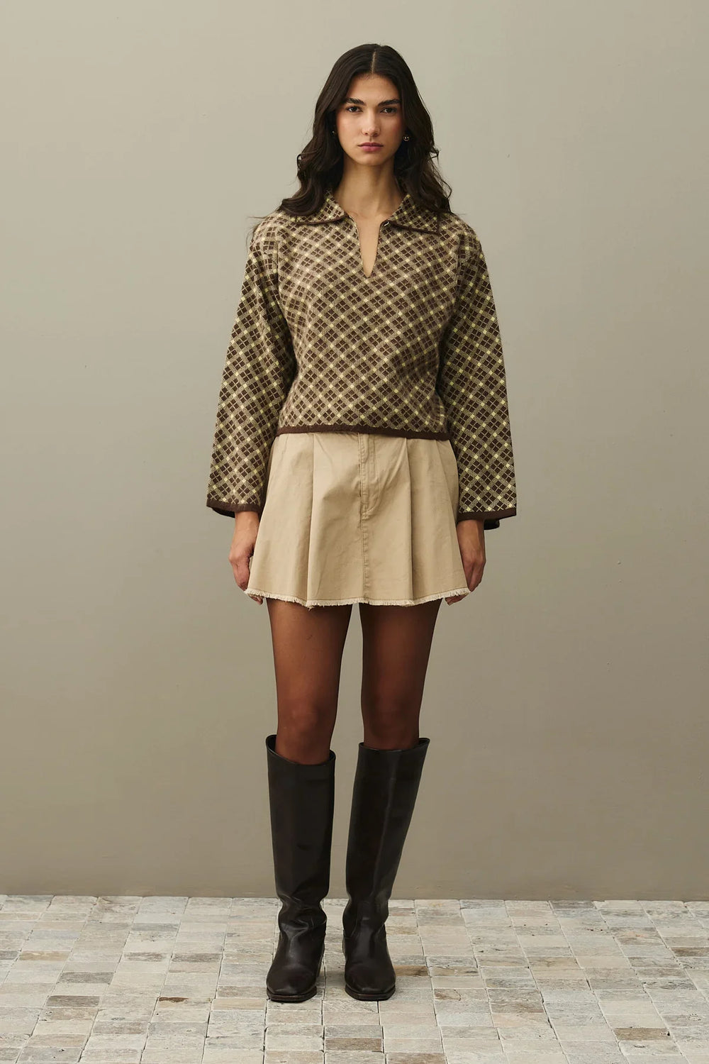 Collared Plaid Sweater Brown
