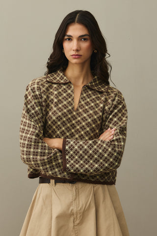 Collared Plaid Sweater Brown