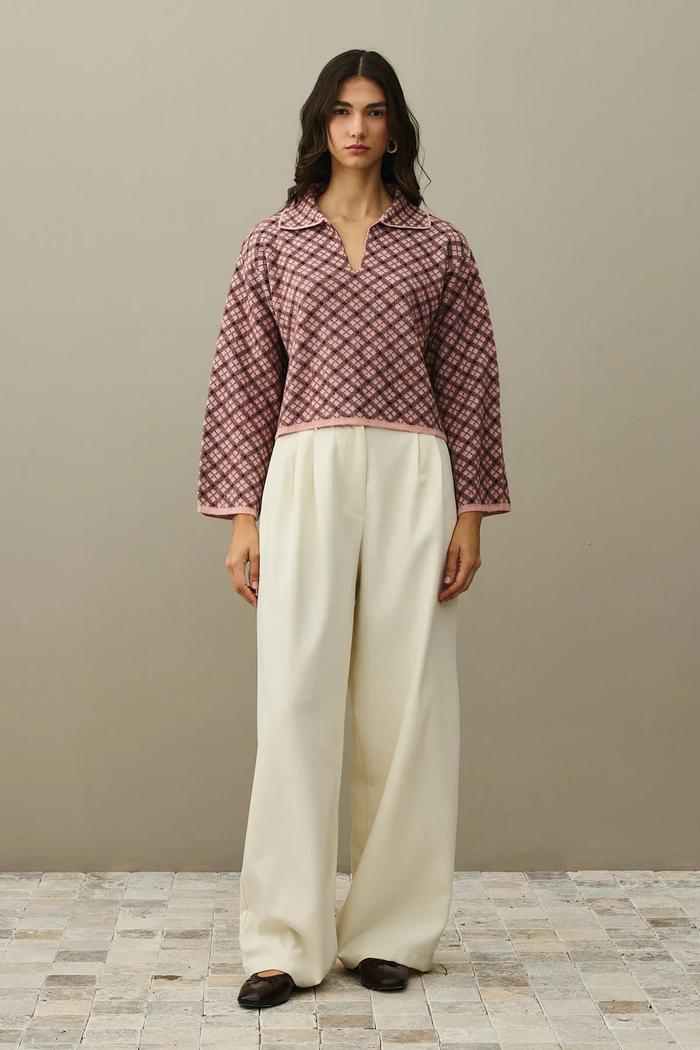 Collared Plaid Sweater Pink