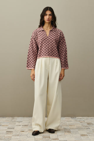 Collared Plaid Sweater Pink