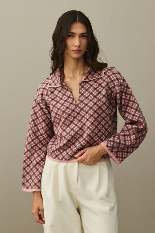Collared Plaid Sweater Pink