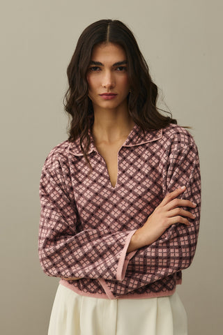 Collared Plaid Sweater Pink