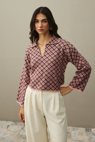 Collared Plaid Sweater Pink