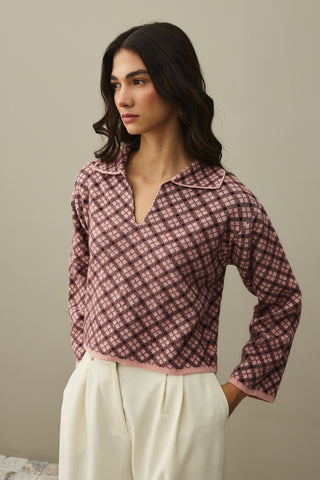 Collared Plaid Sweater Pink