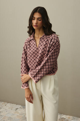 Collared Plaid Sweater Pink