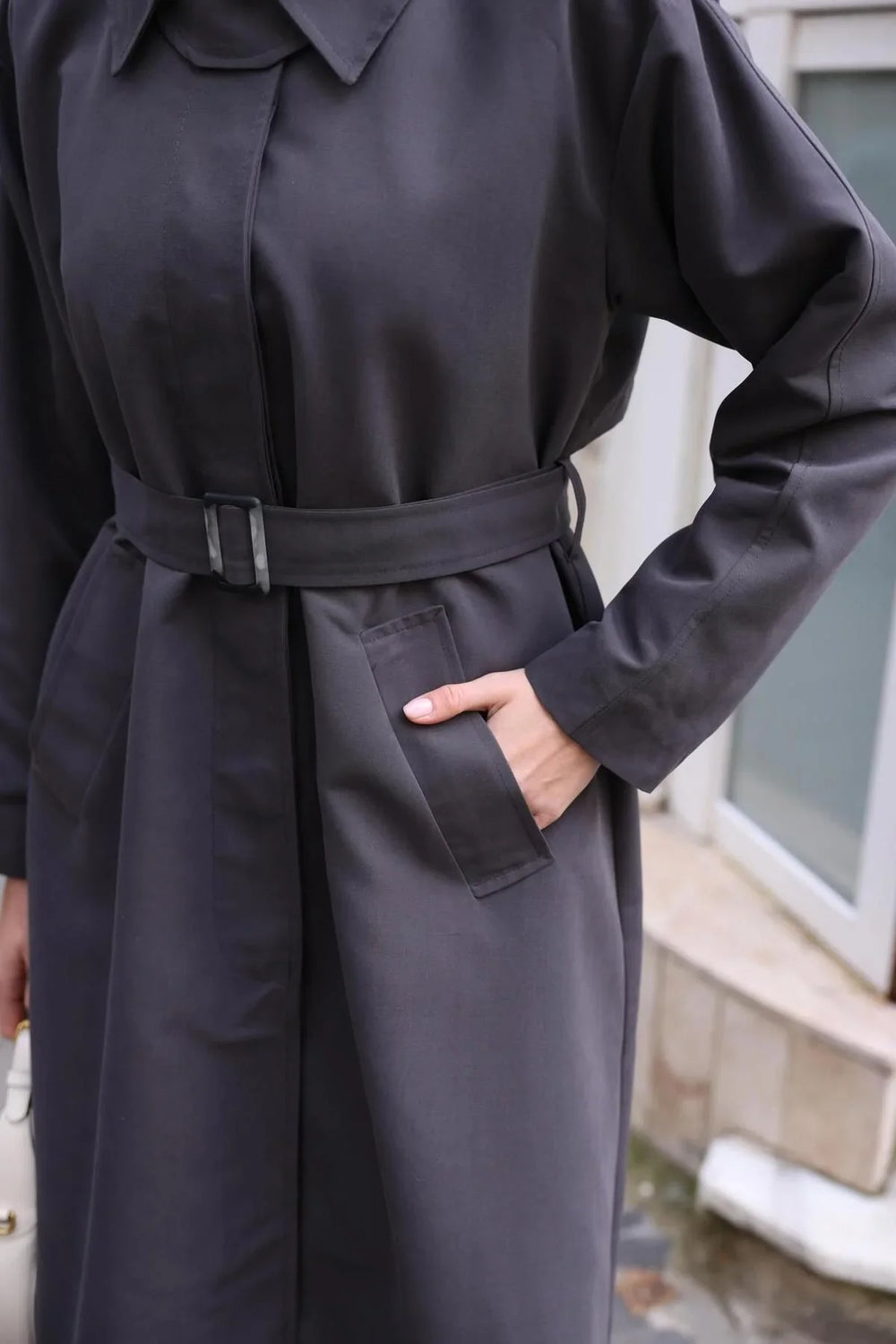 Women's Trench Coat with Collar Piece Detail Anthracite Black