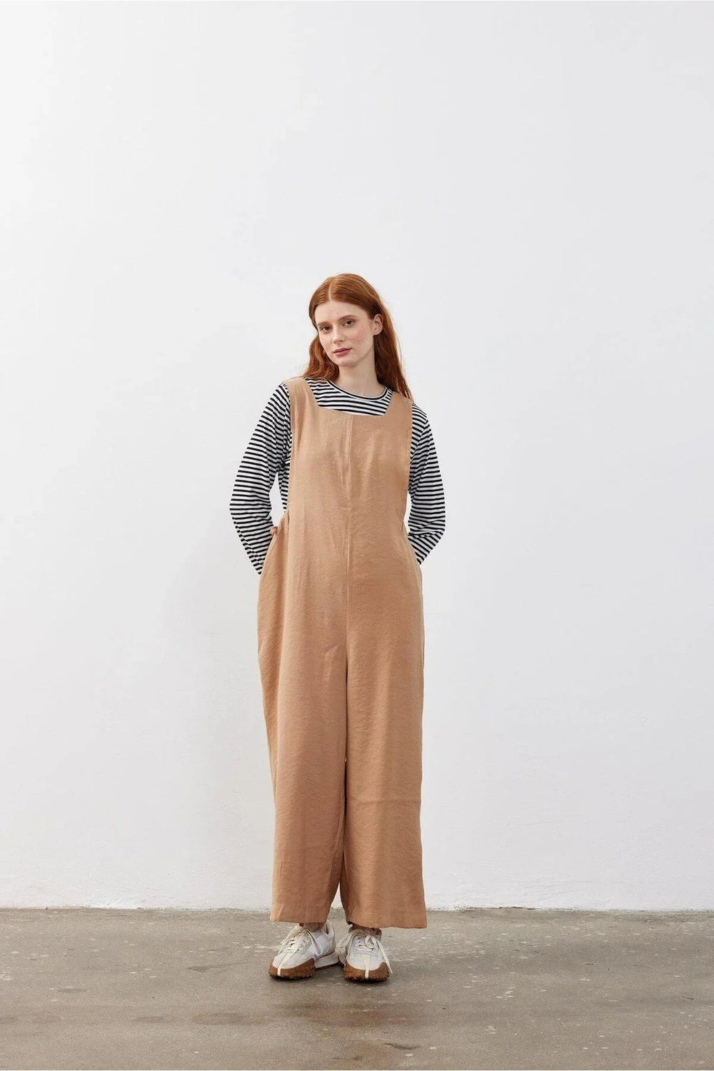 Women's Side Gathered Overalls Camel