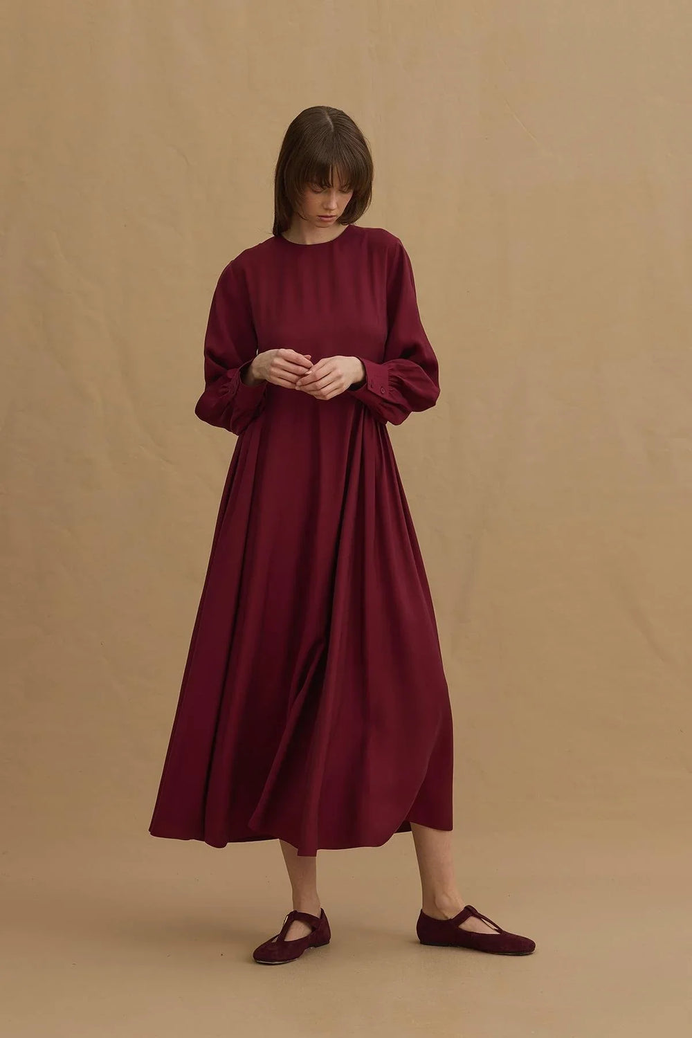 Side-Gathered Tencel Dress Burgundy