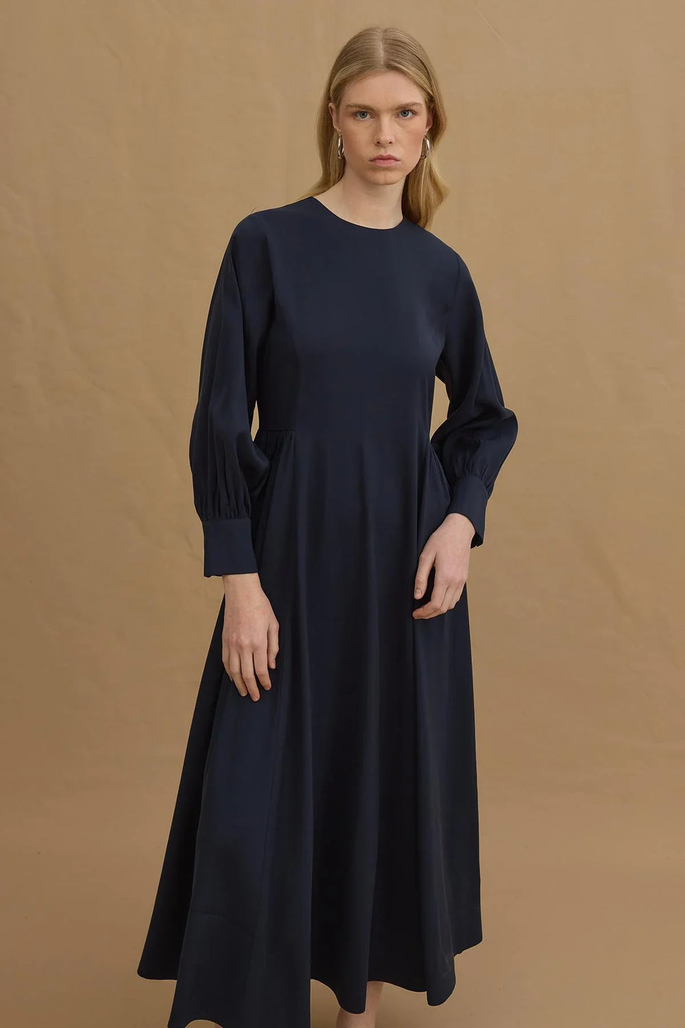 Side Pleated Tencel Dress Navy Blue