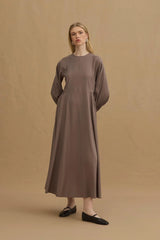 Yan Büzgülü Tensel Elbise Vizon