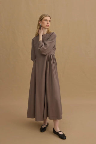 Yan Büzgülü Tensel Elbise Vizon - Fahhar Design