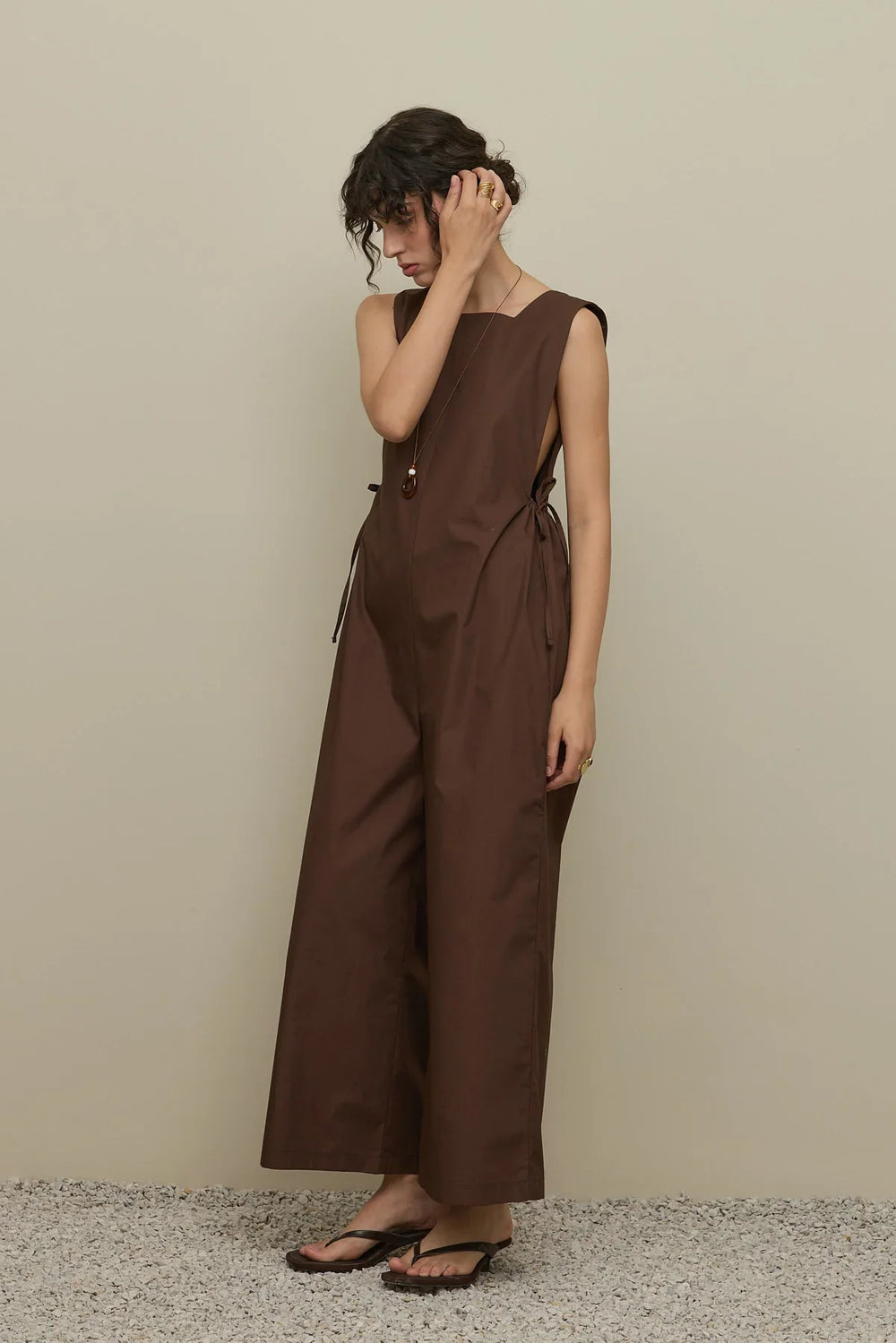 Side Gathered Jumpsuit Brown
