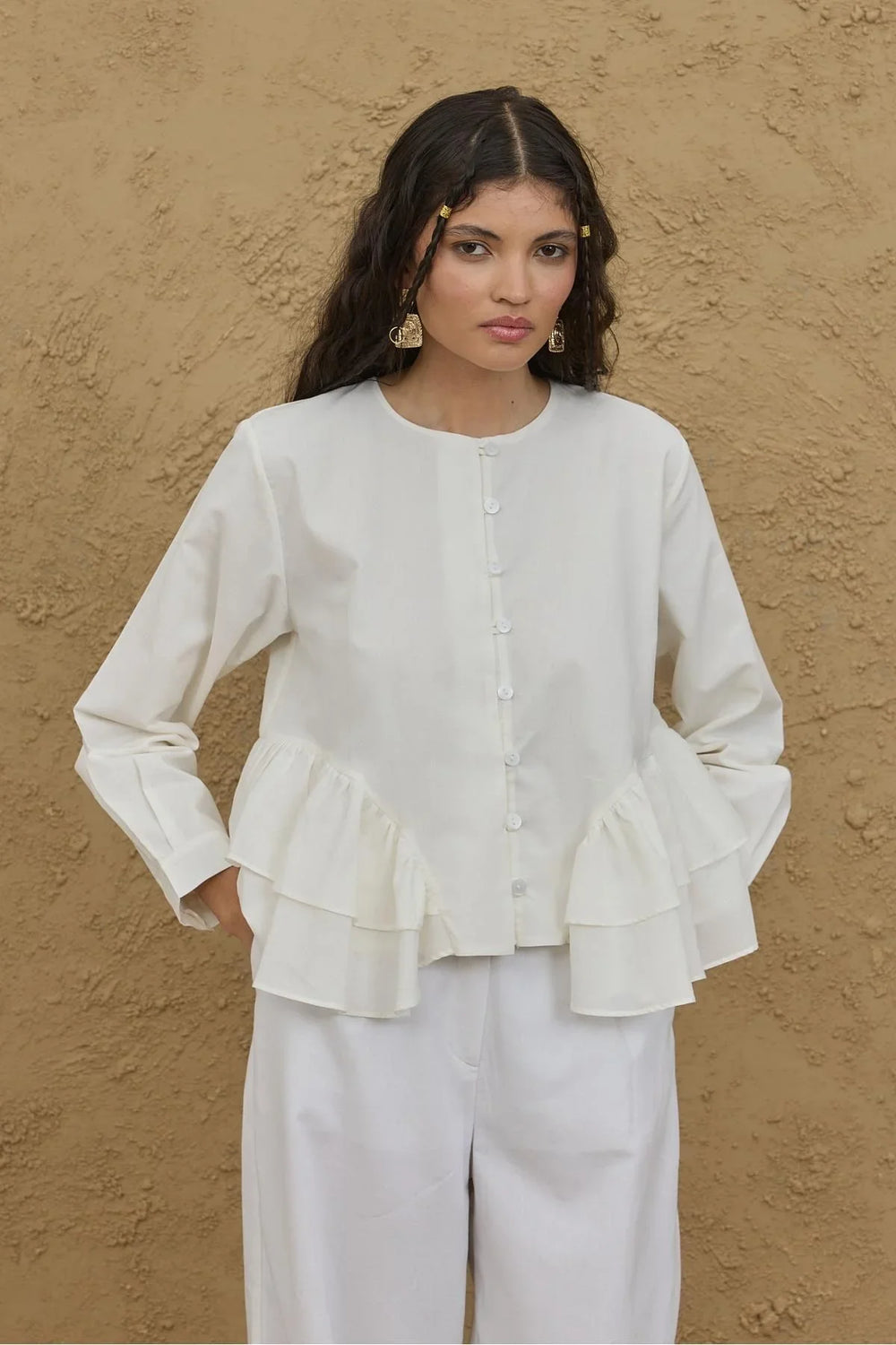 Shirt with Flounce Detail on the Sides, Ecru