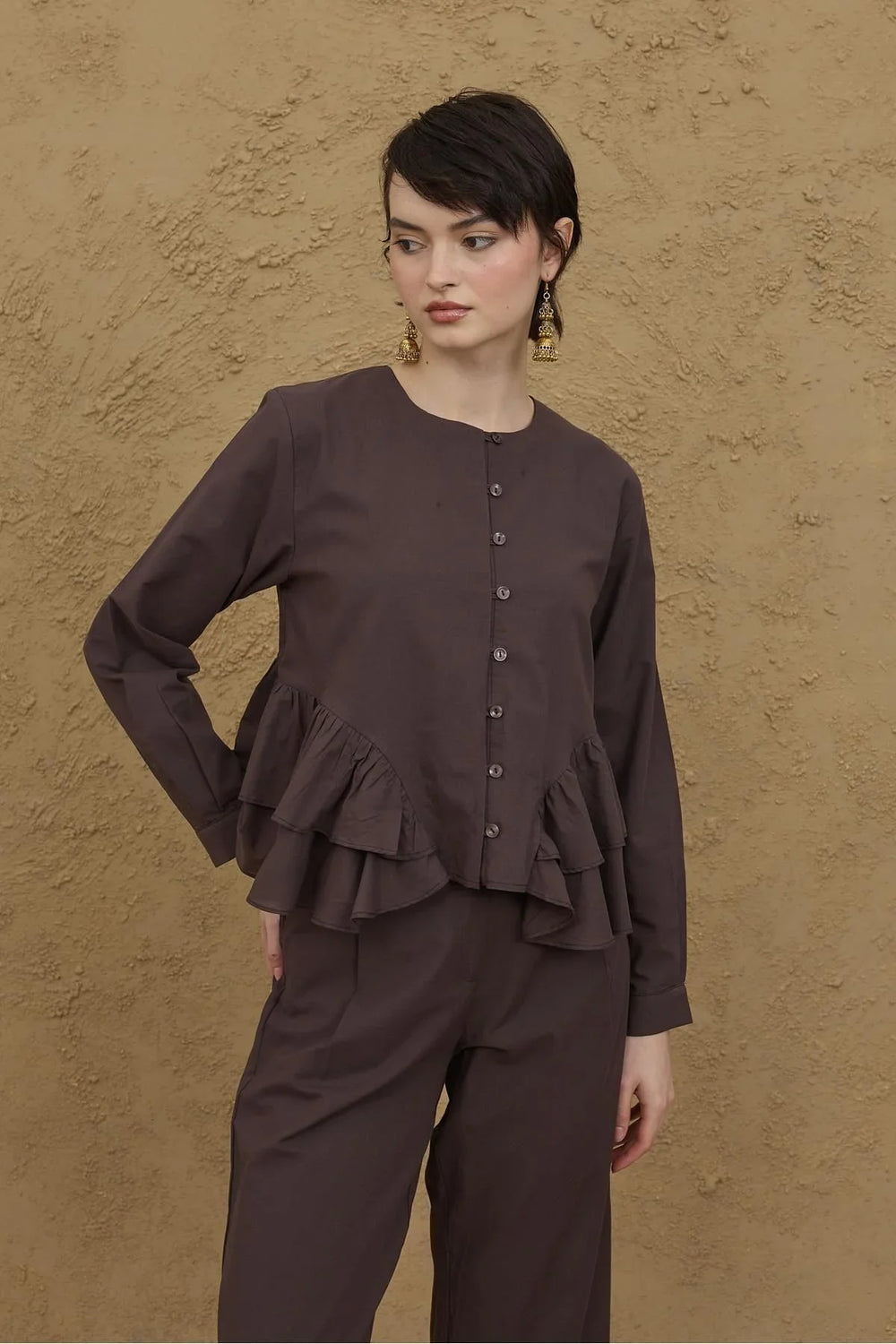 Shirt with Side Flounce Detail, Brown
