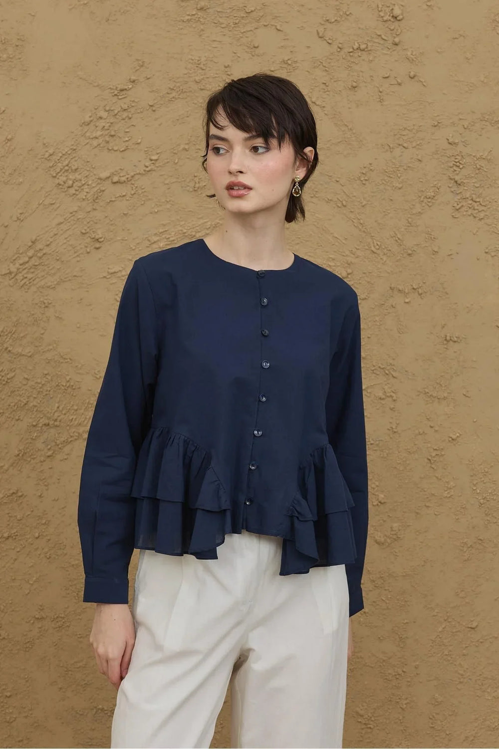 Navy Blue Shirt with Flounce Detail on the Sides