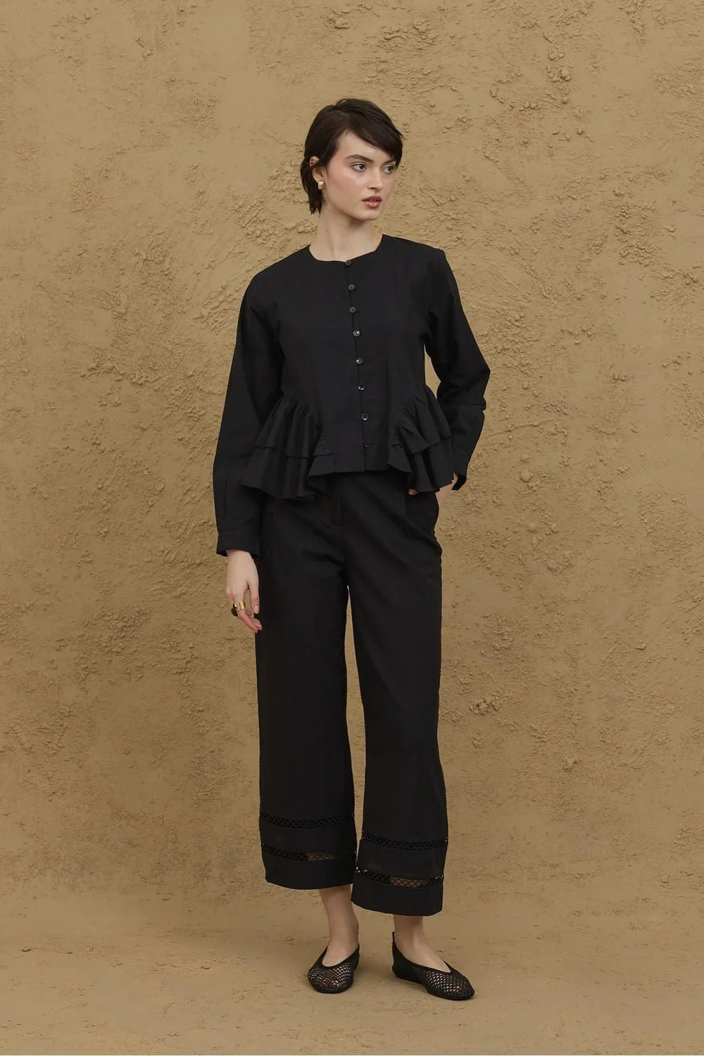 Black Shirt with Flounce Detail on the Sides