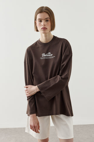 Yazılı Uzun Kollu T-Shirt Kahverengi