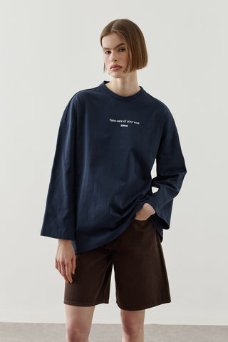 Yazılı Uzun Kollu T-Shirt Lacivert