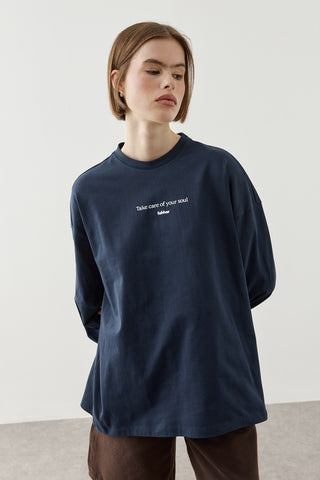 Yazılı Uzun Kollu T-Shirt Lacivert