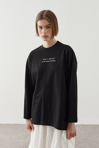 Yazılı Uzun Kollu T-Shirt Siyah